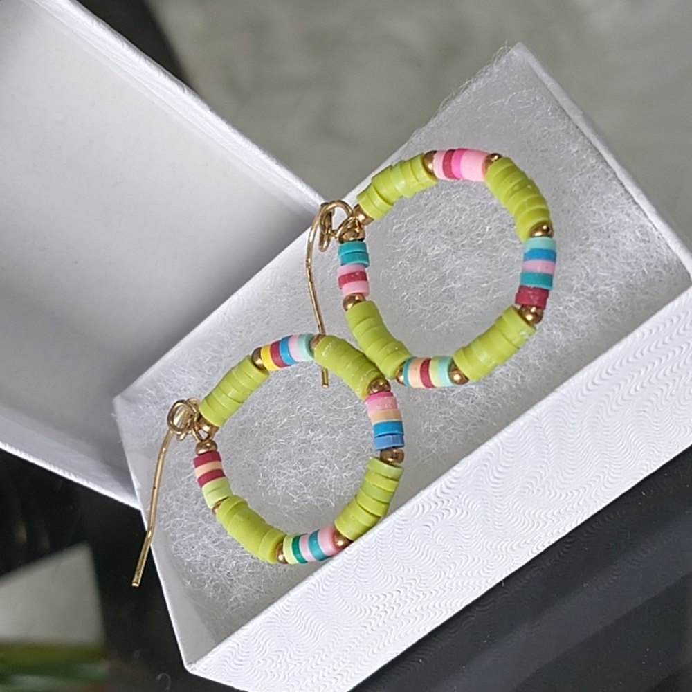 Lime green multi colored round dangling earrings